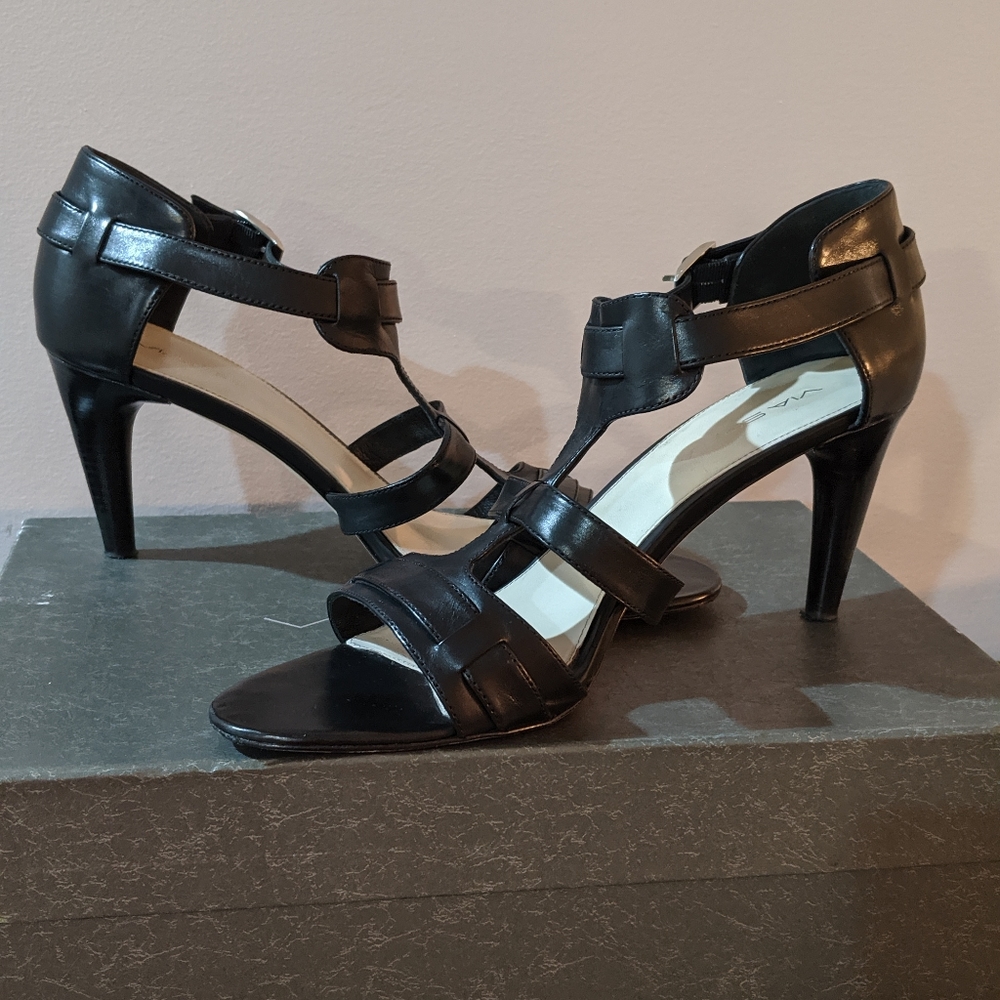 Via Spiga Hilda Heels Black Italian Leather Women's Calf Sandals 3 Inch Heels